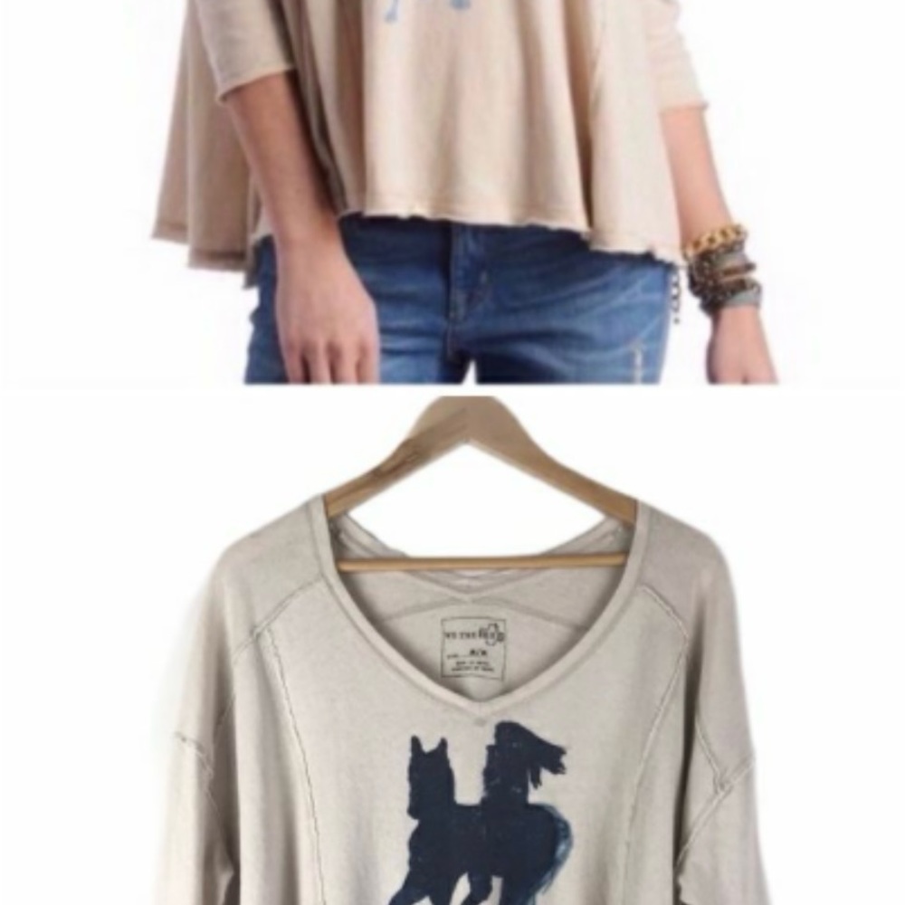 Free People Cream Long-Sleeve Top with Navy Horse Graphic